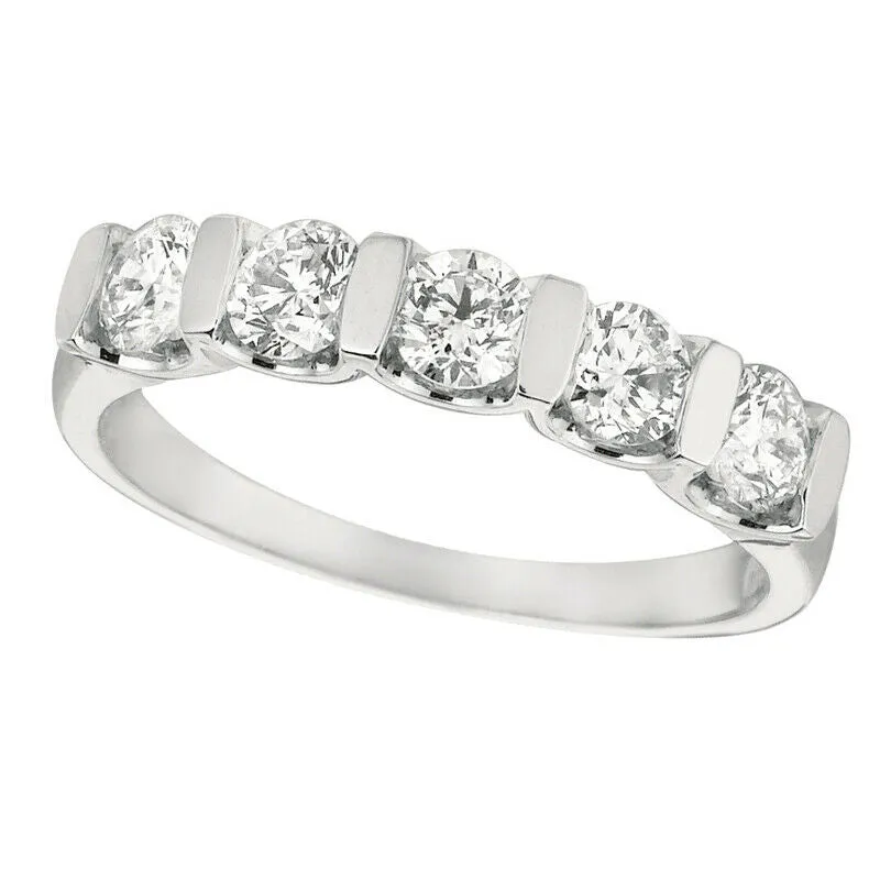 1.00 Carat 5 Stone Natural Diamond Ring Band G SI 14K White Gold