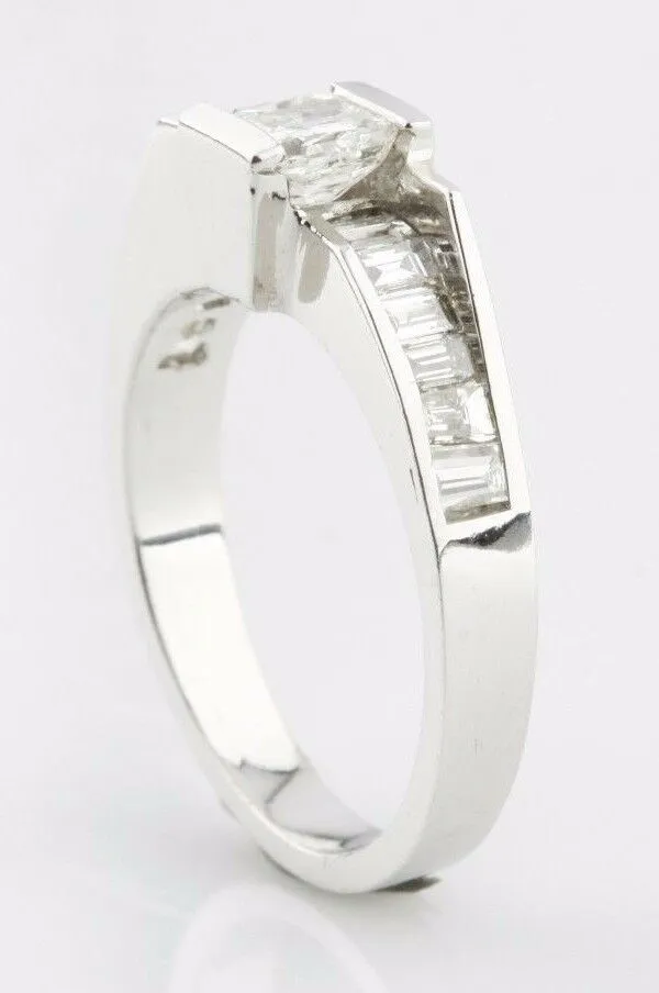 1.05 carat Radiant and Baguette Diamond 18k White Gold Engagement Ring Size 6