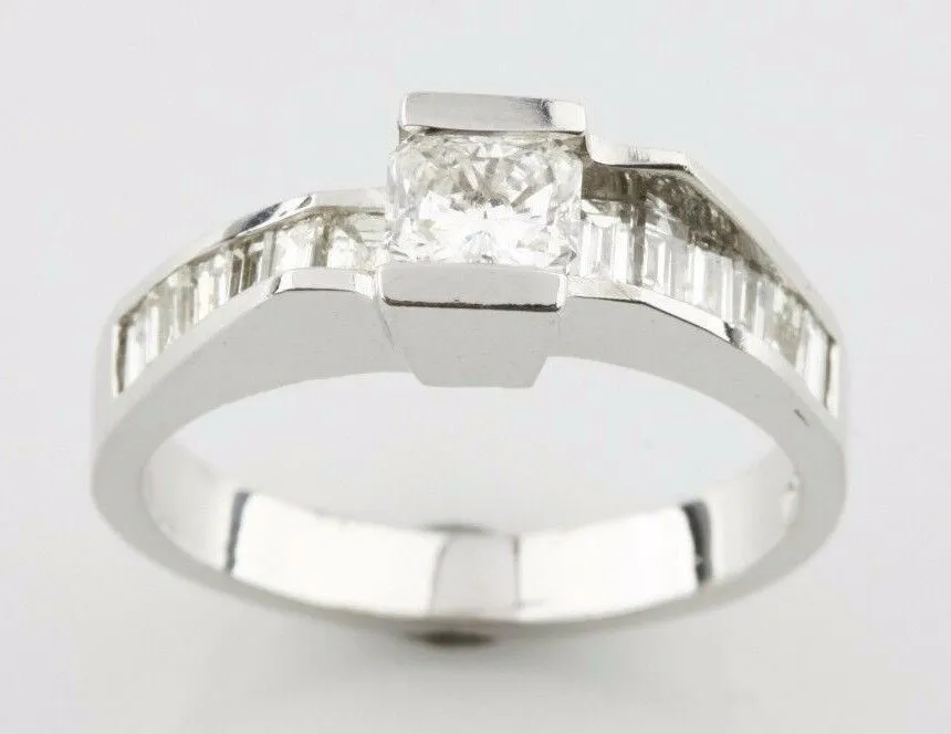 1.05 carat Radiant and Baguette Diamond 18k White Gold Engagement Ring Size 6