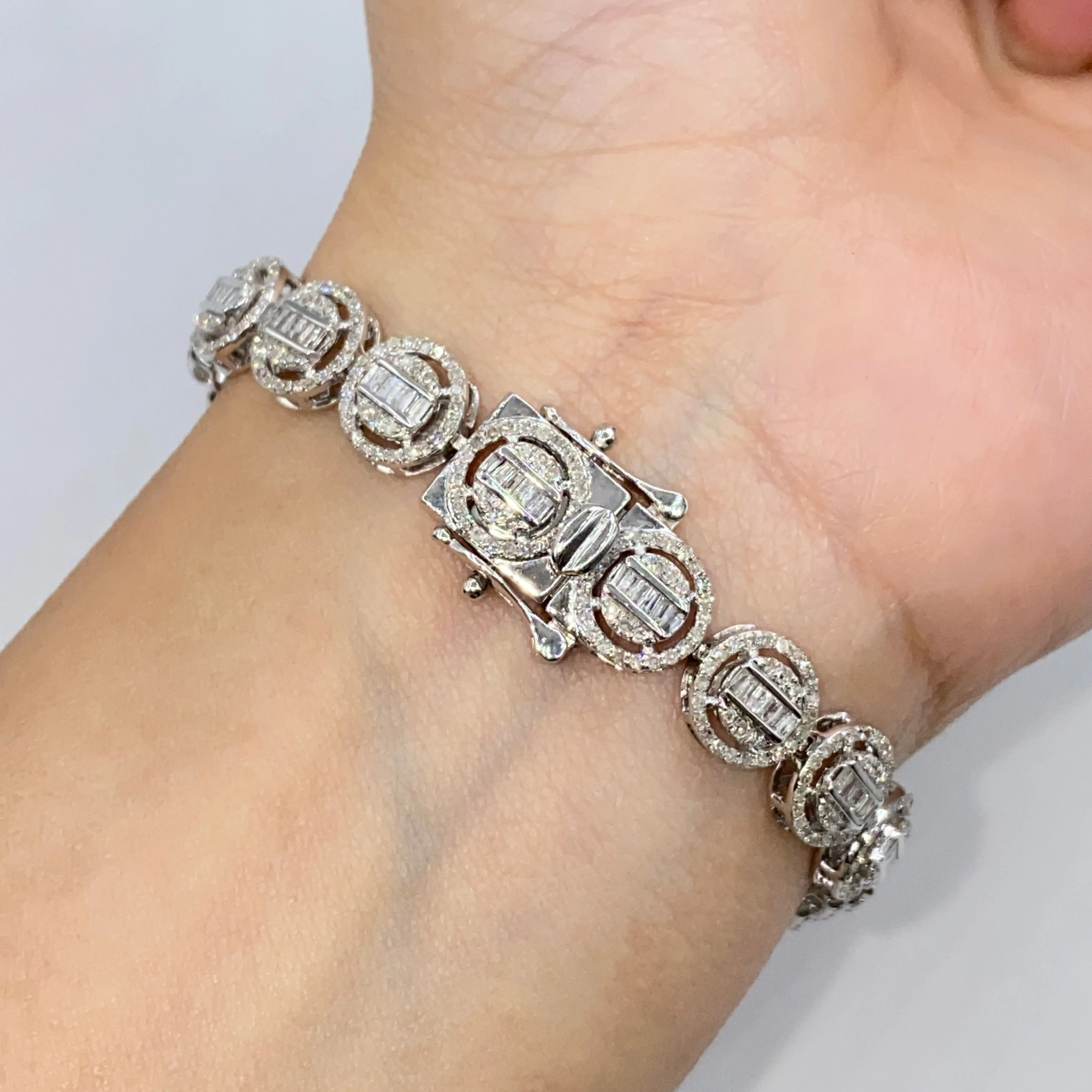 10K Halo Diamond Baguette Tennis Bracelet 8"