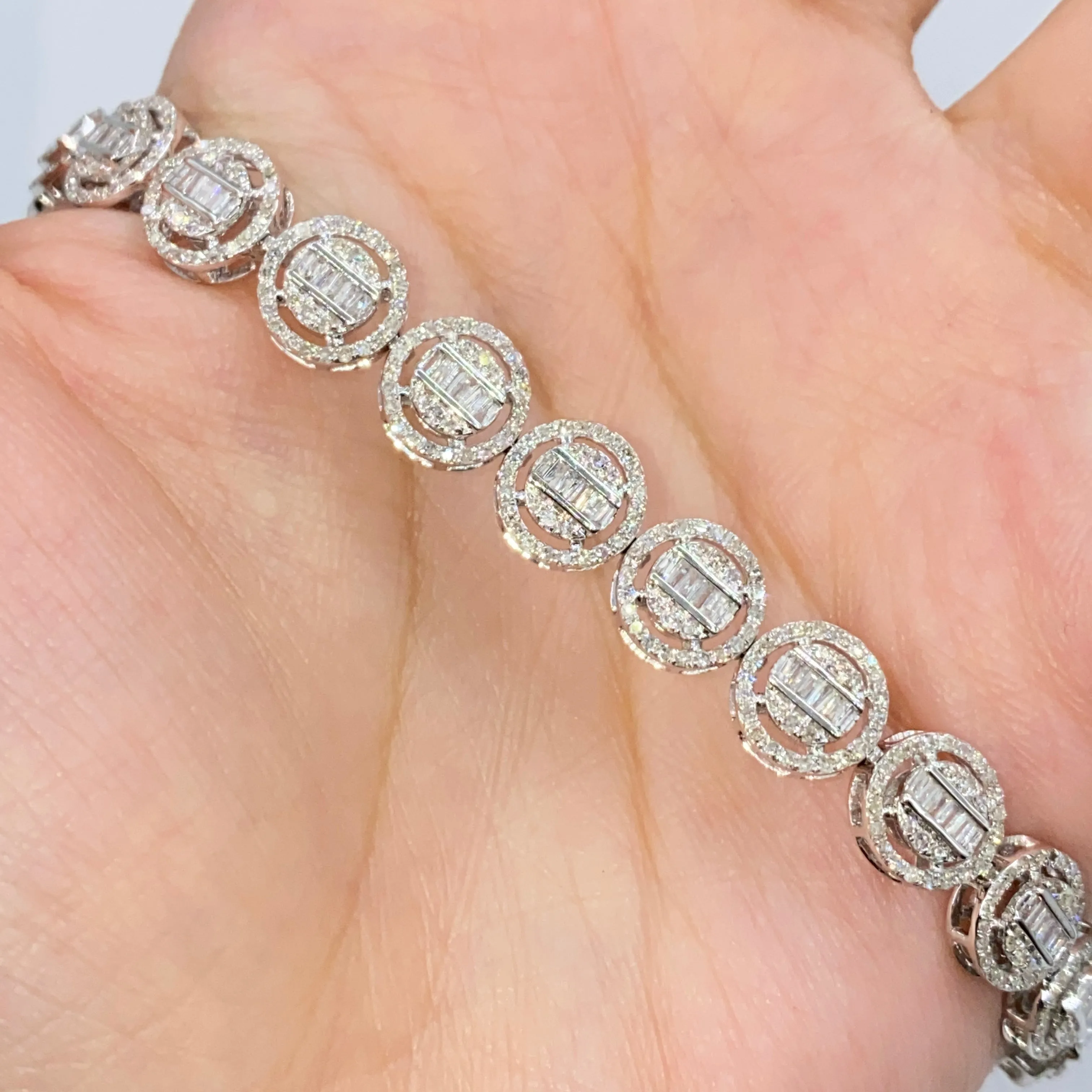 10K Halo Diamond Baguette Tennis Bracelet 8"
