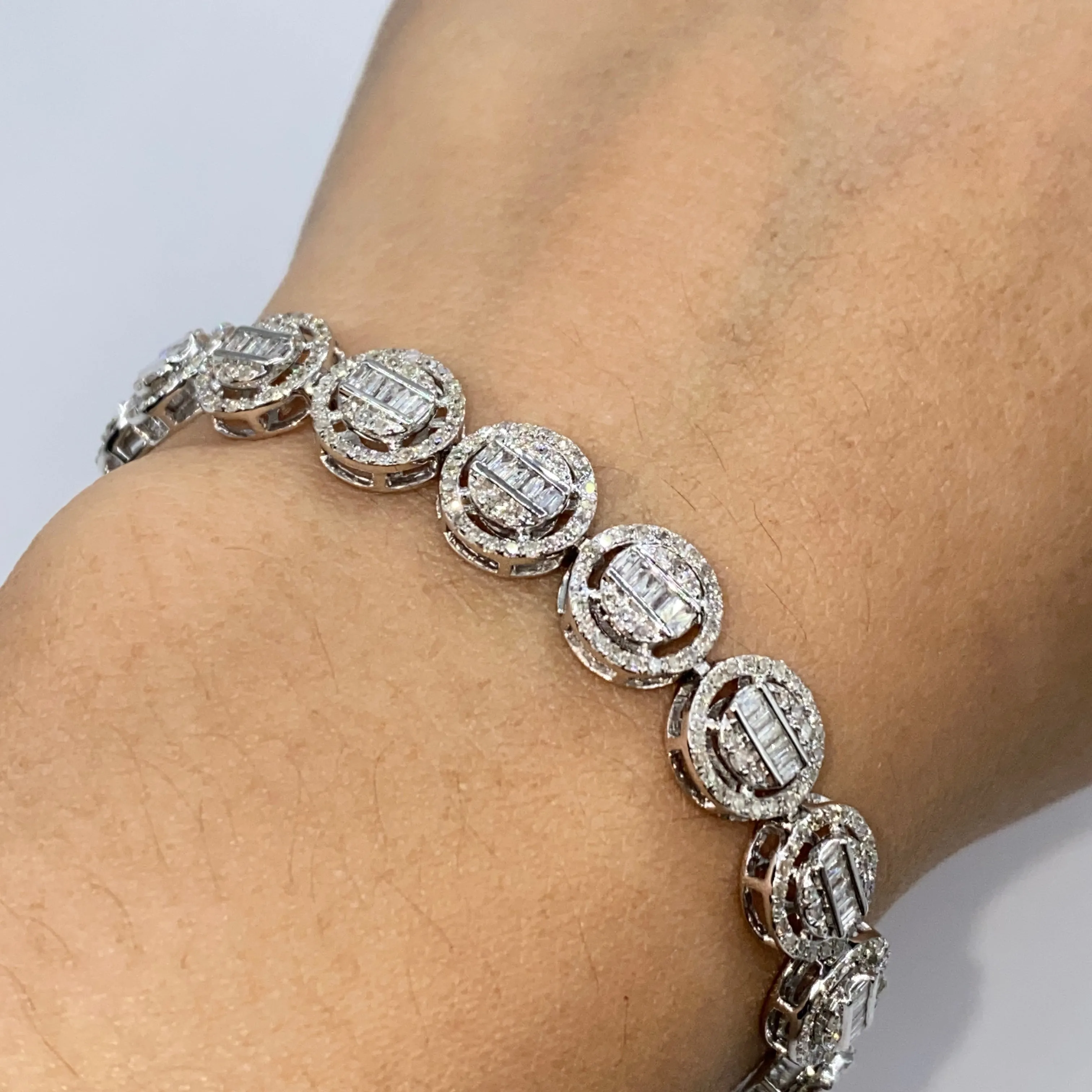 10K Halo Diamond Baguette Tennis Bracelet 8"