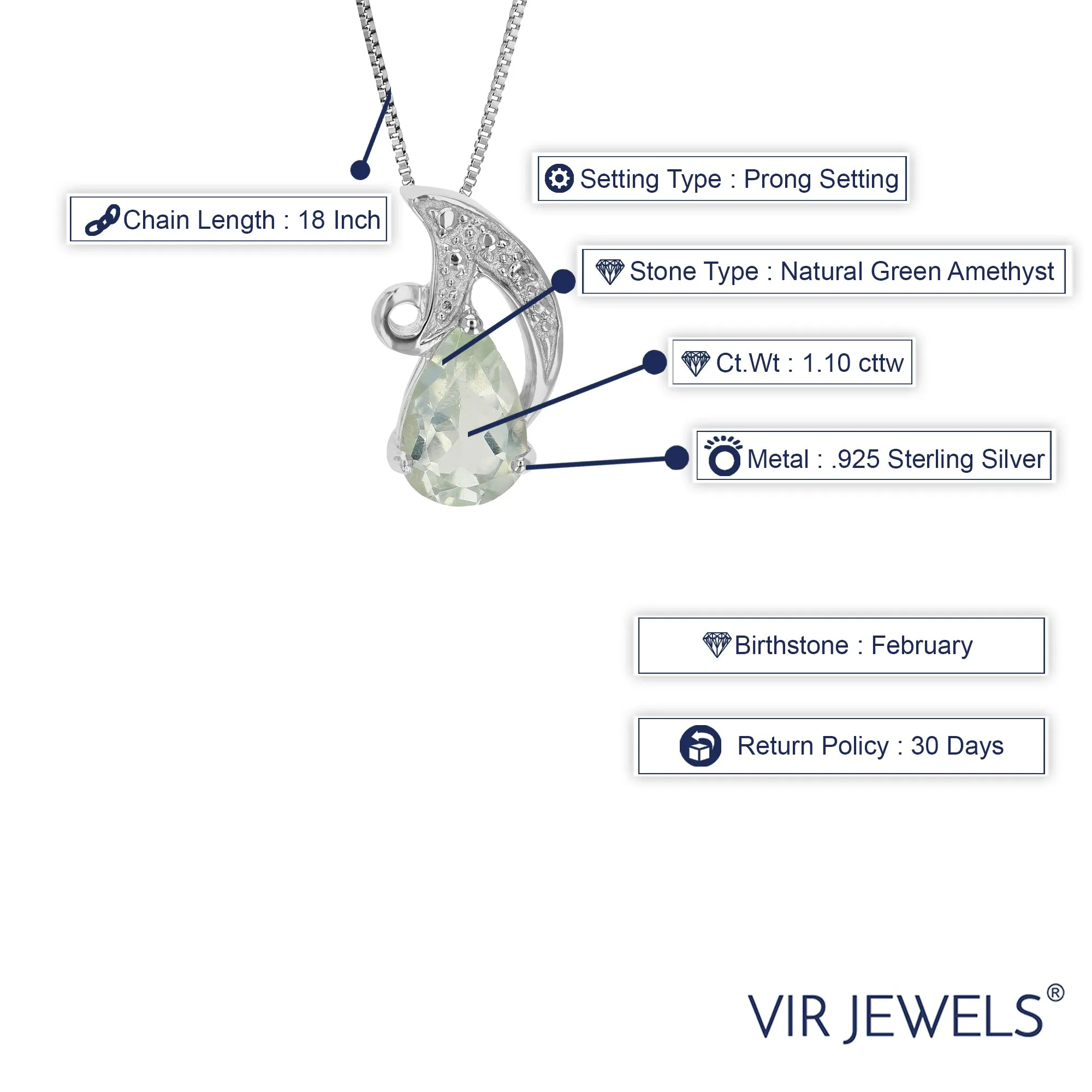 1.10 cttw Pendant Necklace, Green Amethyst Pear Shape Pendant Necklace for Women in .925 Sterling Silver with Rhodium, 18 Inch Chain, Prong Setting