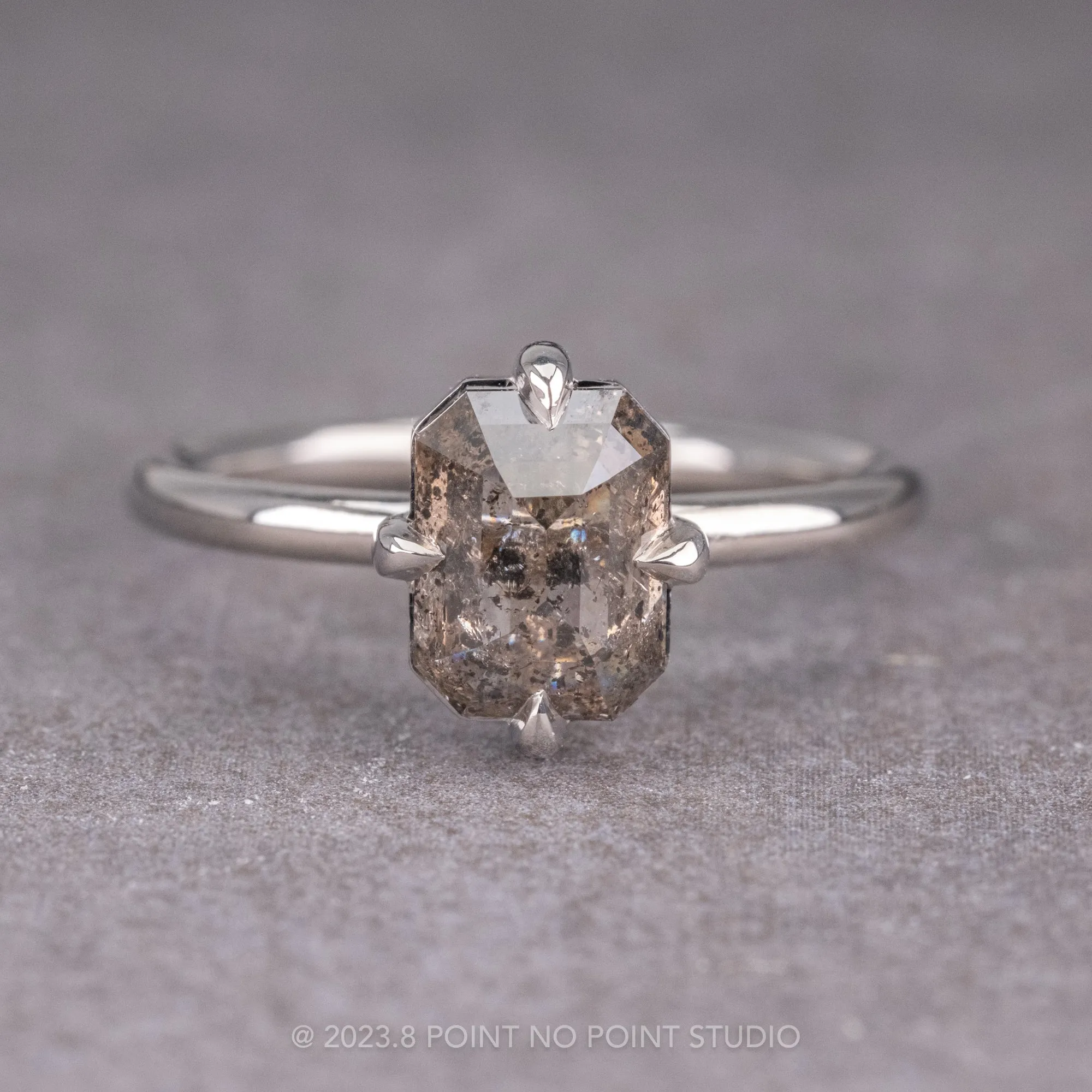 1.14 Carat Salt and Pepper Asscher Diamond Engagement Ring, Tulip Basket Setting, 14K White Gold