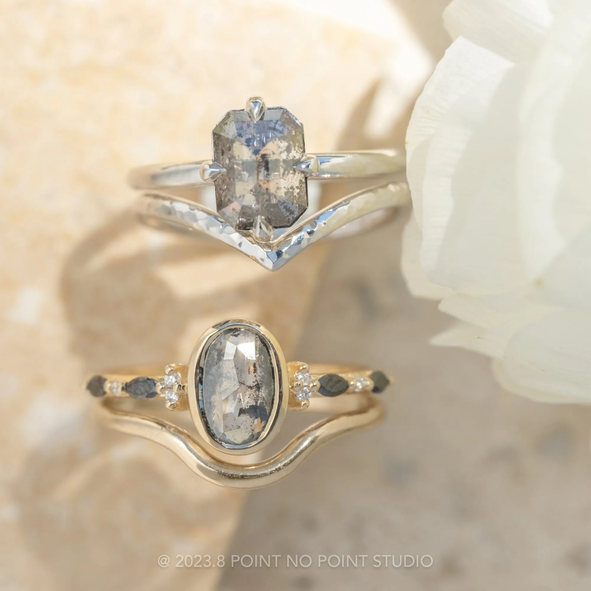 1.14 Carat Salt and Pepper Asscher Diamond Engagement Ring, Tulip Basket Setting, 14K White Gold