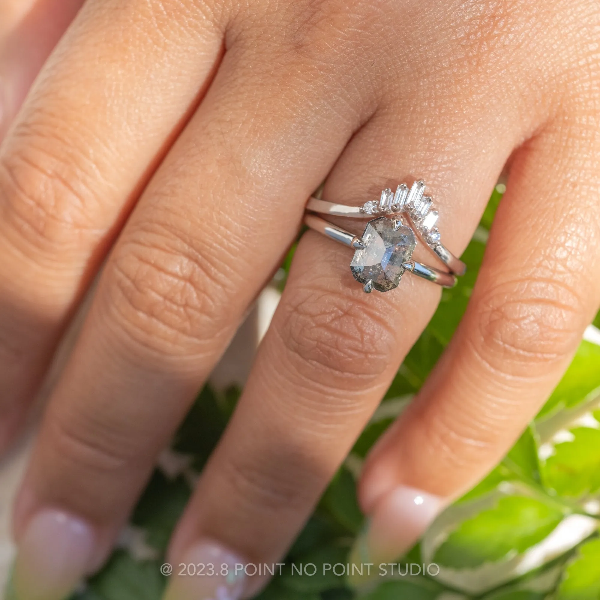 1.14 Carat Salt and Pepper Asscher Diamond Engagement Ring, Tulip Basket Setting, 14K White Gold