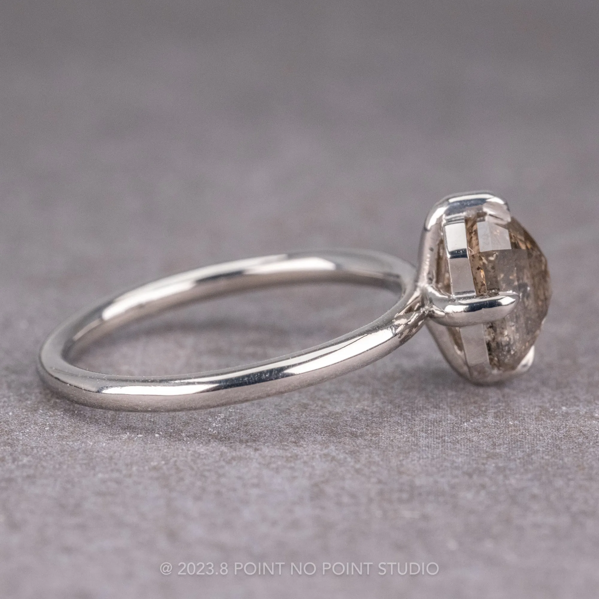 1.14 Carat Salt and Pepper Asscher Diamond Engagement Ring, Tulip Basket Setting, 14K White Gold