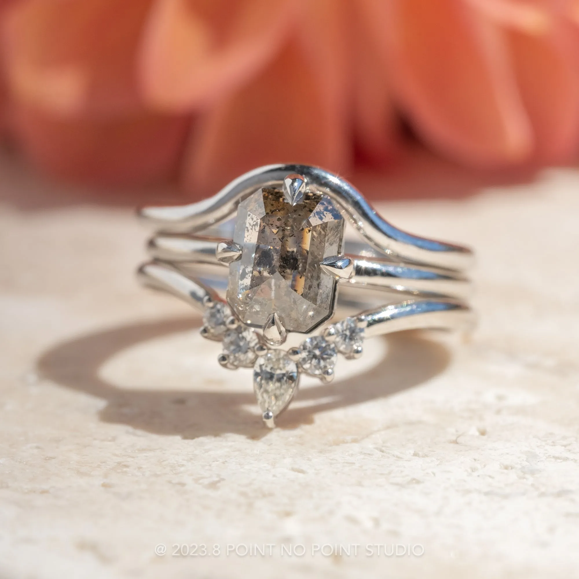 1.14 Carat Salt and Pepper Asscher Diamond Engagement Ring, Tulip Basket Setting, 14K White Gold