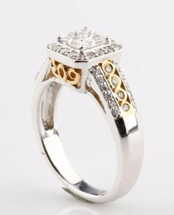 1.21 Carat Princess Cut Diamond Halo Set 14k White & Yellow Gold Engagement Ring