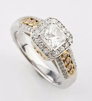 1.21 Carat Princess Cut Diamond Halo Set 14k White & Yellow Gold Engagement Ring