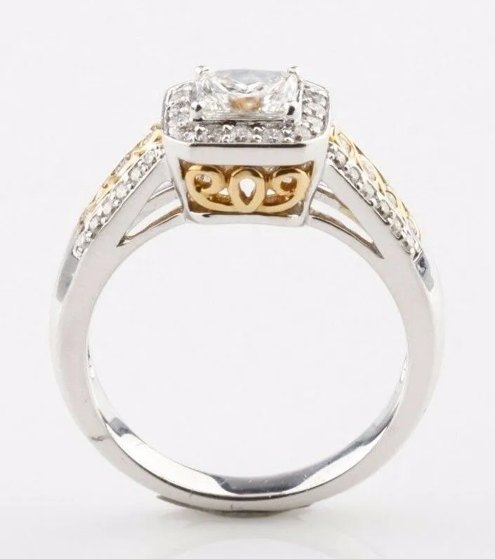 1.21 Carat Princess Cut Diamond Halo Set 14k White & Yellow Gold Engagement Ring
