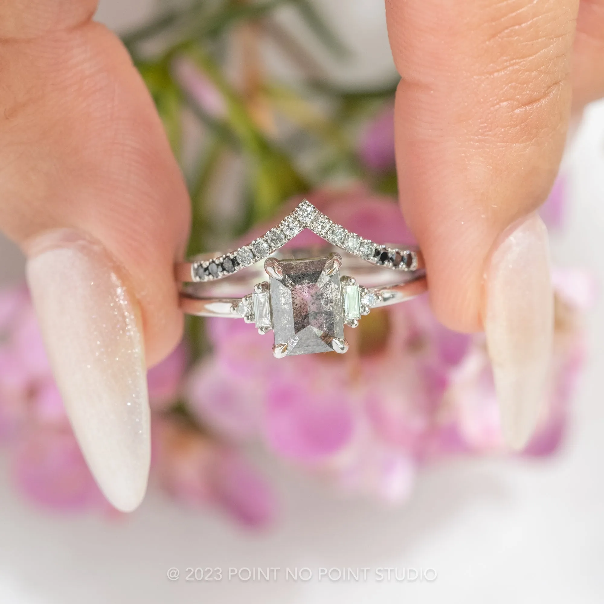 1.27 Carat Black Speckled Asscher Diamond Engagement Ring, Betty Setting, Platinum