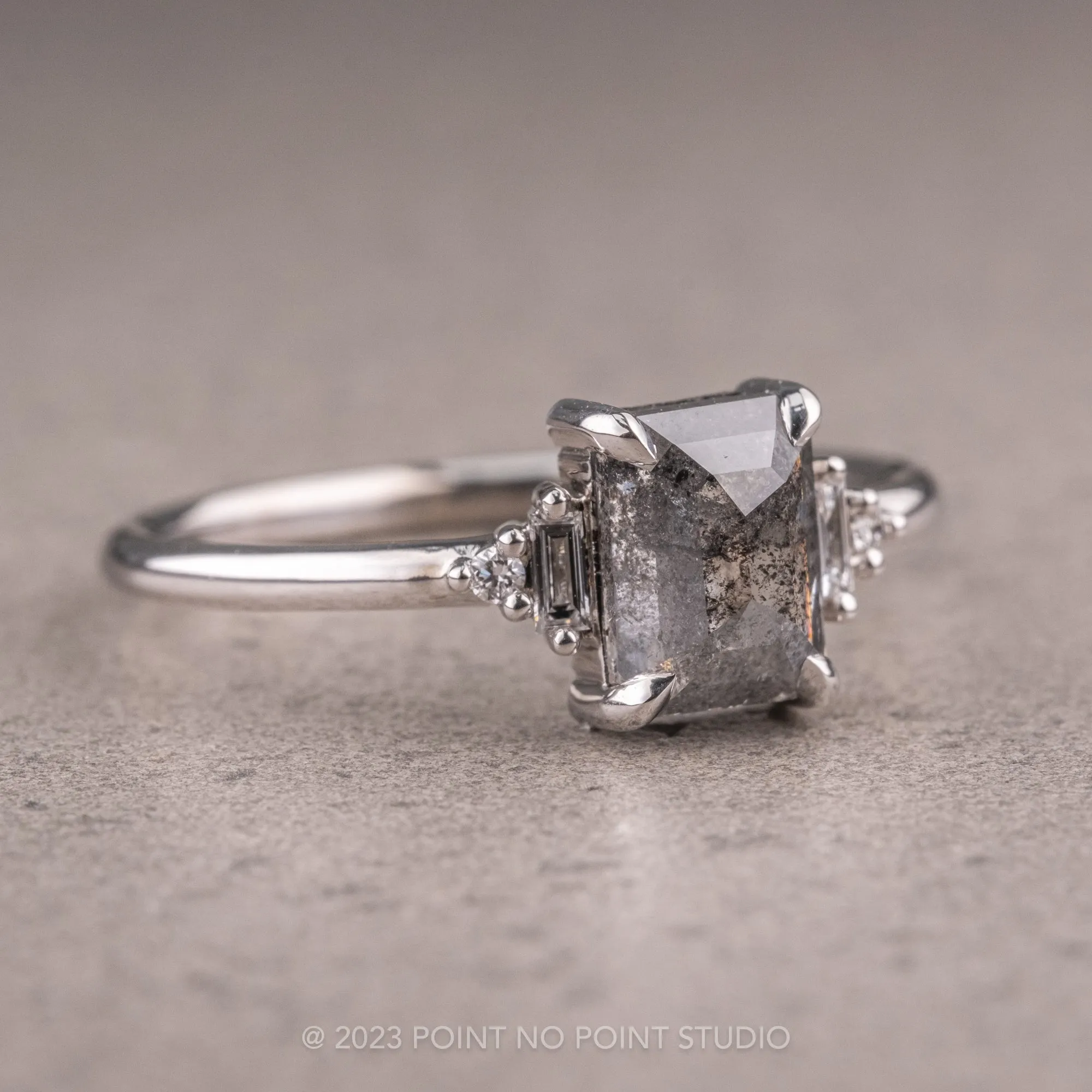 1.27 Carat Black Speckled Asscher Diamond Engagement Ring, Betty Setting, Platinum