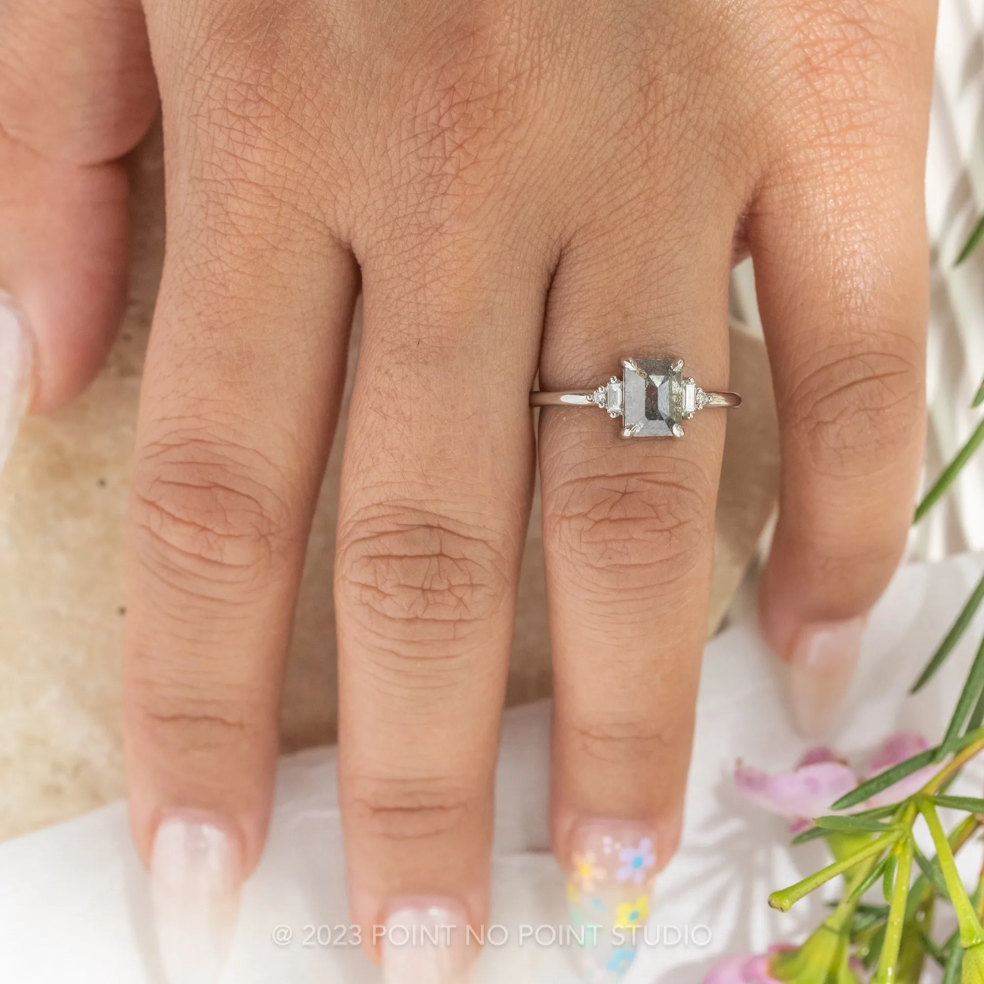1.27 Carat Black Speckled Asscher Diamond Engagement Ring, Betty Setting, Platinum