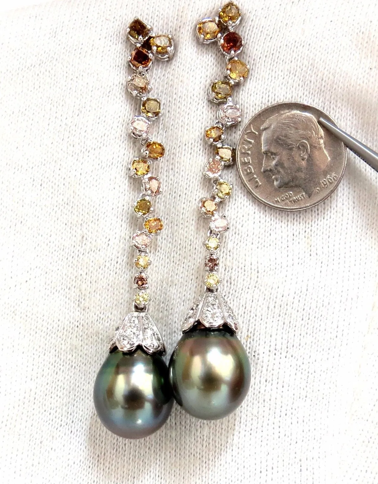 12.70mm NATURAL TAHITIAN PEARLS DANGLE COLOR DIAMOND EARRINGS 14KT