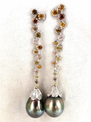 12.70mm NATURAL TAHITIAN PEARLS DANGLE COLOR DIAMOND EARRINGS 14KT