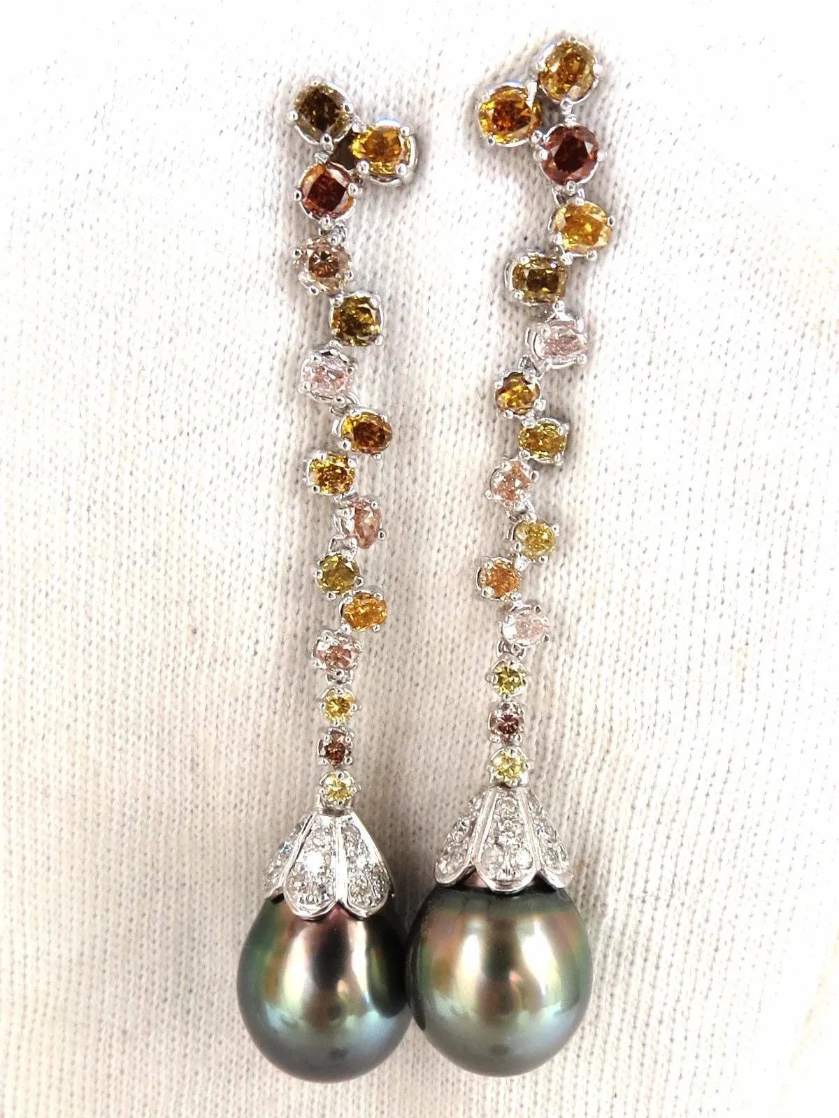 12.70mm NATURAL TAHITIAN PEARLS DANGLE COLOR DIAMOND EARRINGS 14KT