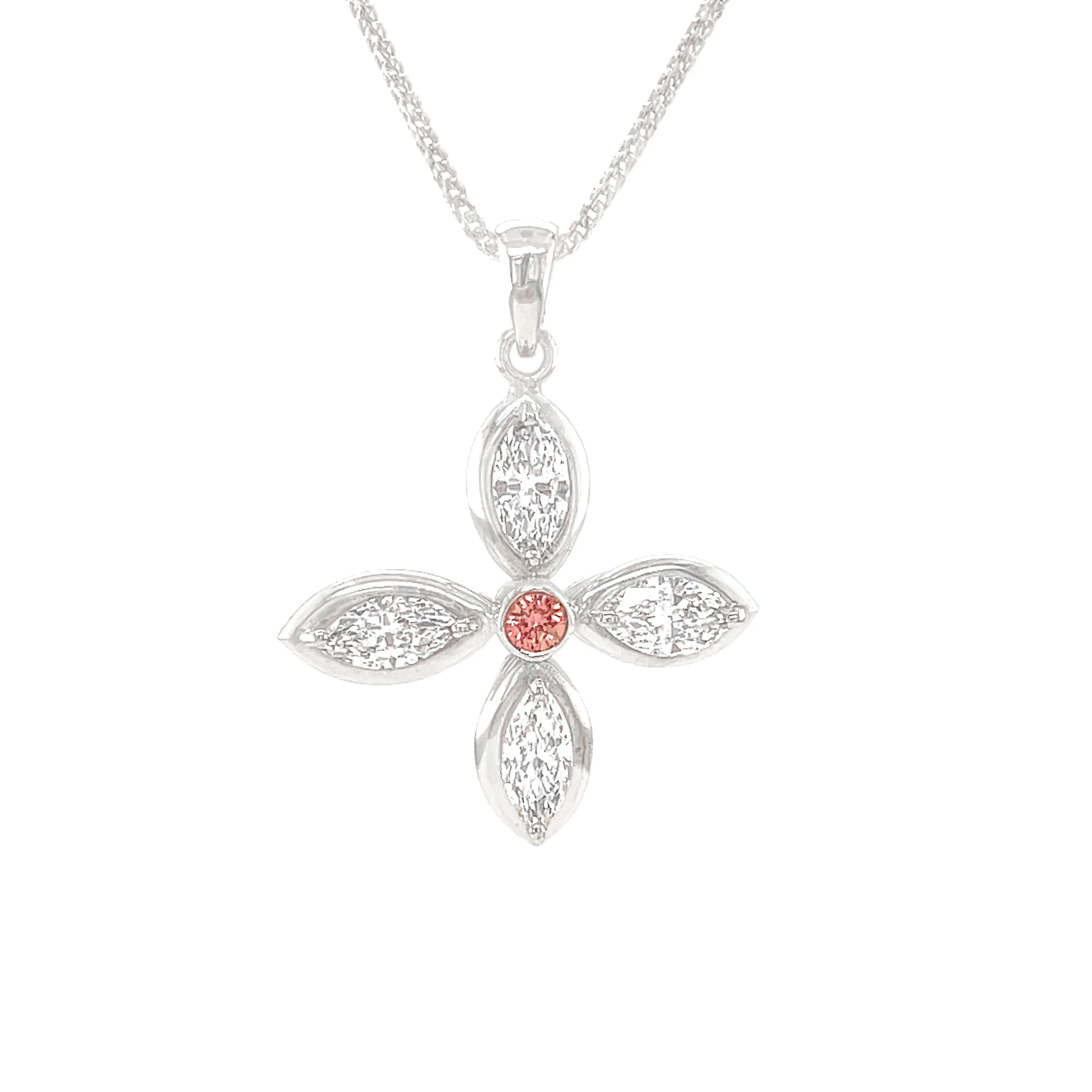 1.28 Carat Marquise & 0.09 Carat Pink Round Diamond Pendant in 14k White Gold