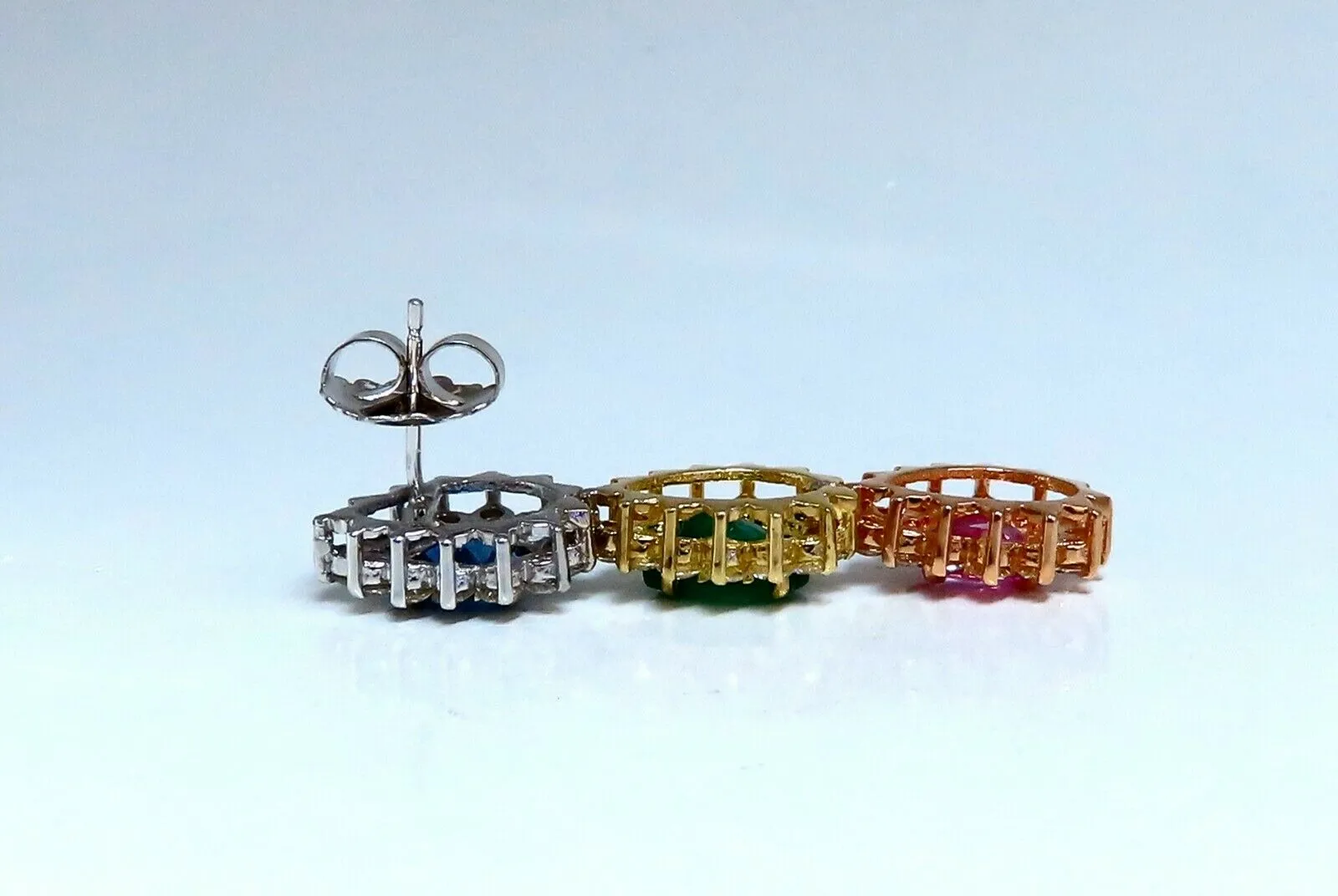 13.24ct Natural Emeralds & Sapphires Three Tier Dangle Earrings 18 Karat Pears