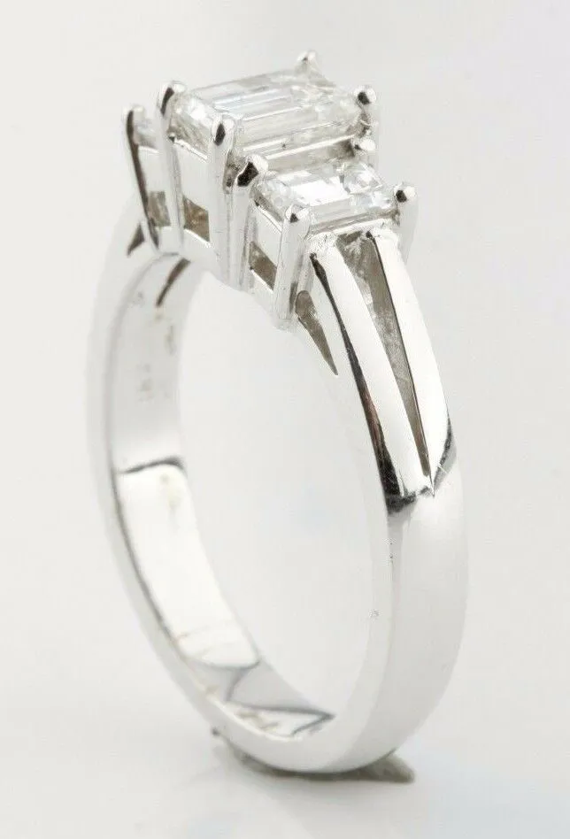 1.36 carat Emerald Cut 3-Stone Diamond 18K White Gold Engagement Ring Size 6.5