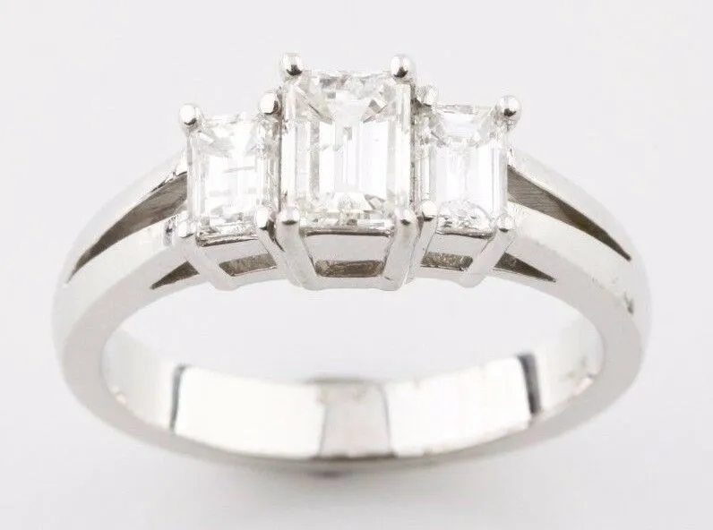 1.36 carat Emerald Cut 3-Stone Diamond 18K White Gold Engagement Ring Size 6.5