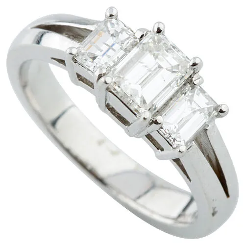 1.36 carat Emerald Cut 3-Stone Diamond 18K White Gold Engagement Ring Size 6.5