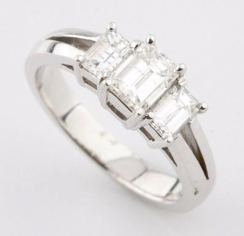 1.36 carat Emerald Cut 3-Stone Diamond 18K White Gold Engagement Ring Size 6.5