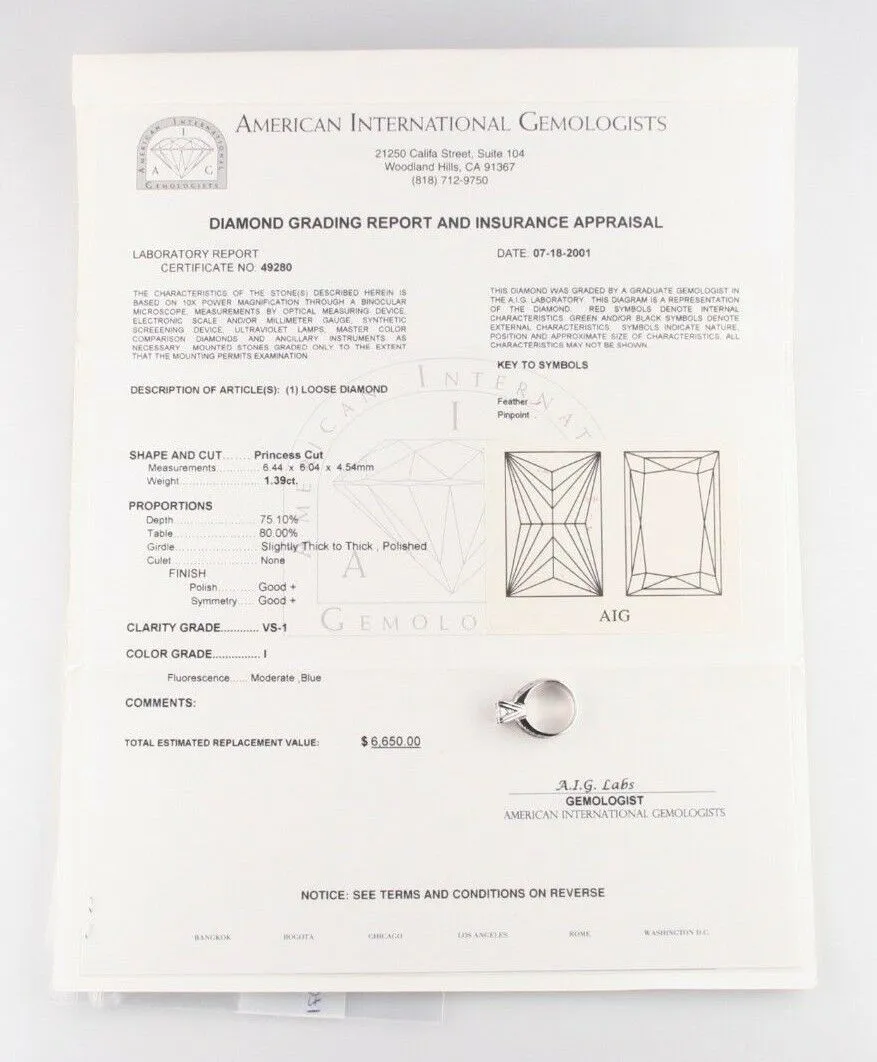1.39 Carat Princess Cut Diamond 14k White Gold Engagement Ring w/ AIG-cert