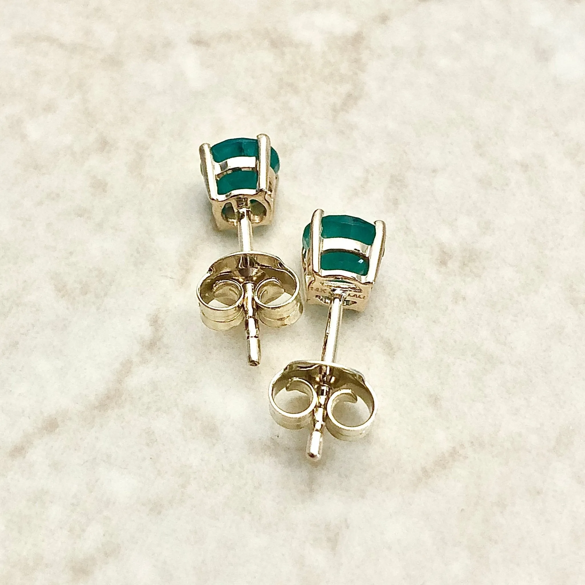 14 Karat Yellow Gold May Birthstone Natural Round Emerald Stud Earrings