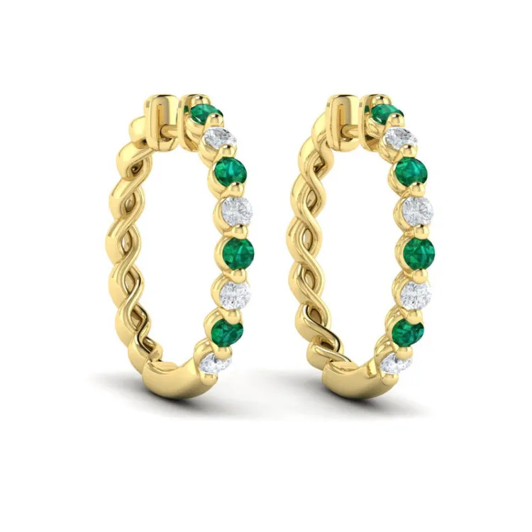 14 KT Yellow Gold Diamond and Emerald  Twist Hoop Earrings