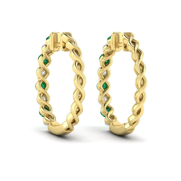 14 KT Yellow Gold Diamond and Emerald  Twist Hoop Earrings