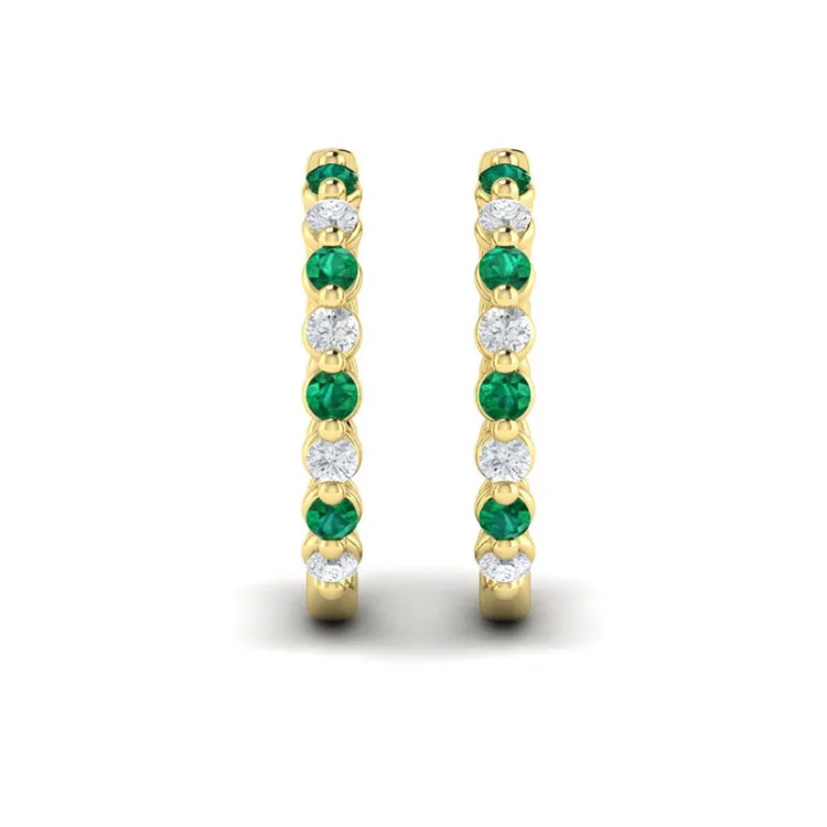 14 KT Yellow Gold Diamond and Emerald  Twist Hoop Earrings