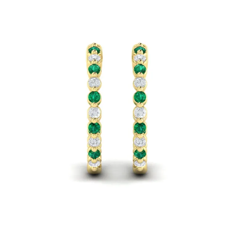 14 KT Yellow Gold Inside Out Diamond and Emerald  Hoop Earrings
