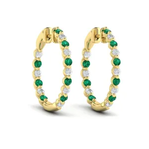 14 KT Yellow Gold Inside Out Diamond and Emerald  Hoop Earrings