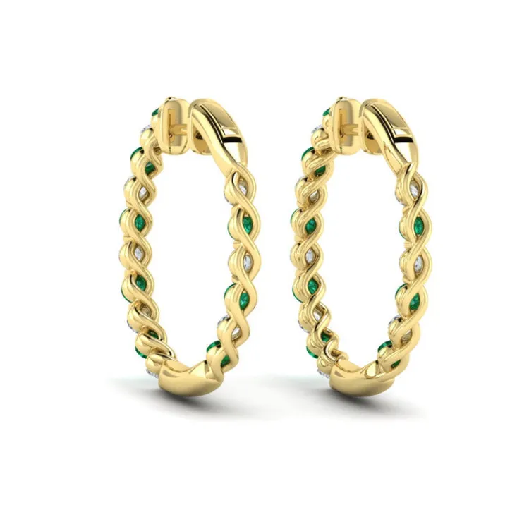 14 KT Yellow Gold Inside Out Diamond and Emerald  Hoop Earrings