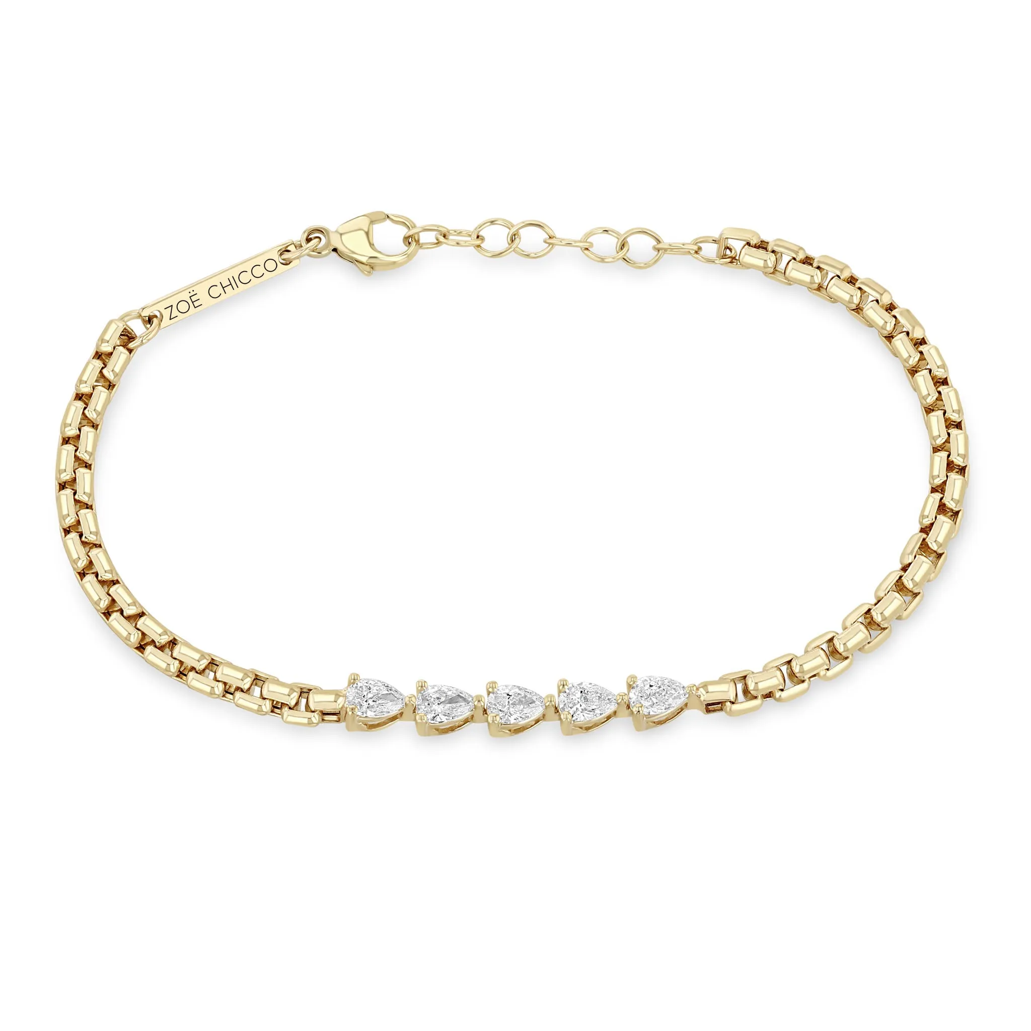 14k 5 Linked Pear Diamond Box Chain Bracelet