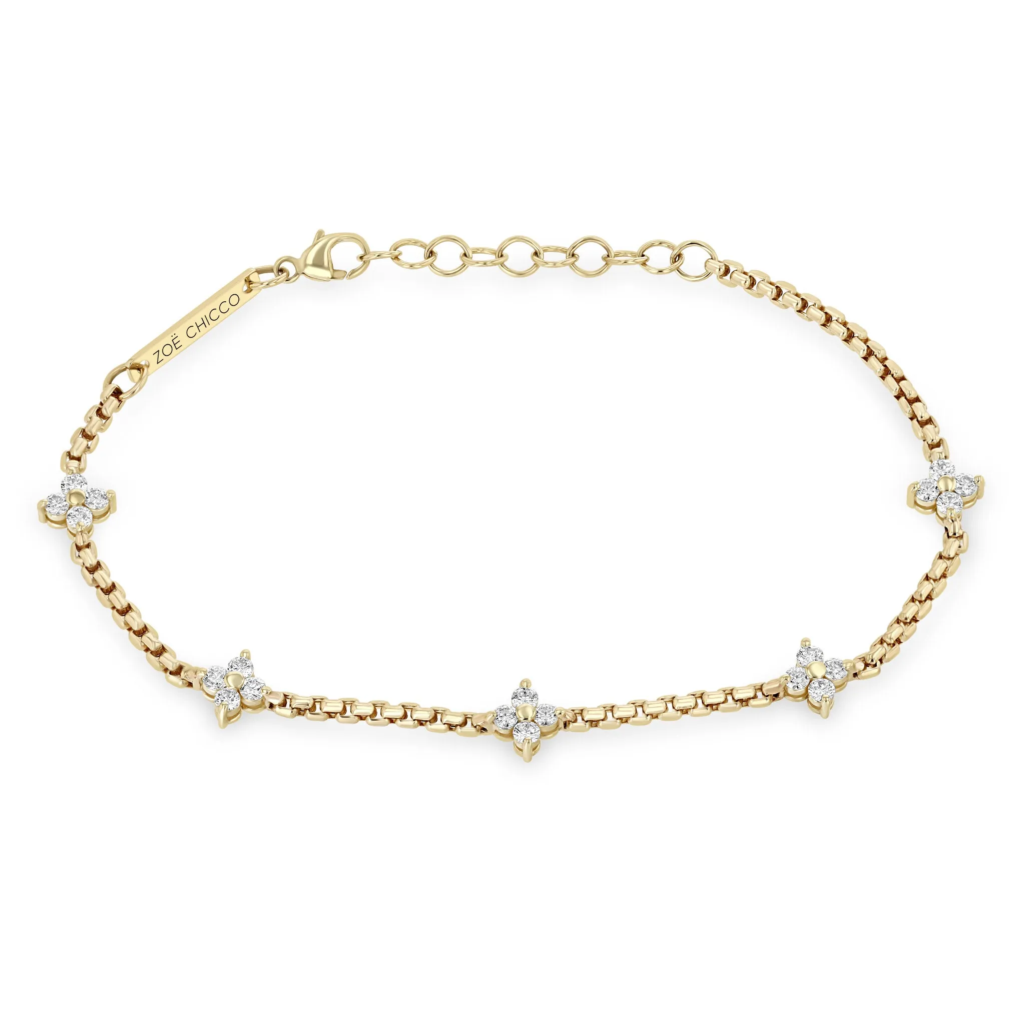 14k 5 Prong Diamond Quad Station Box Chain Bracelet