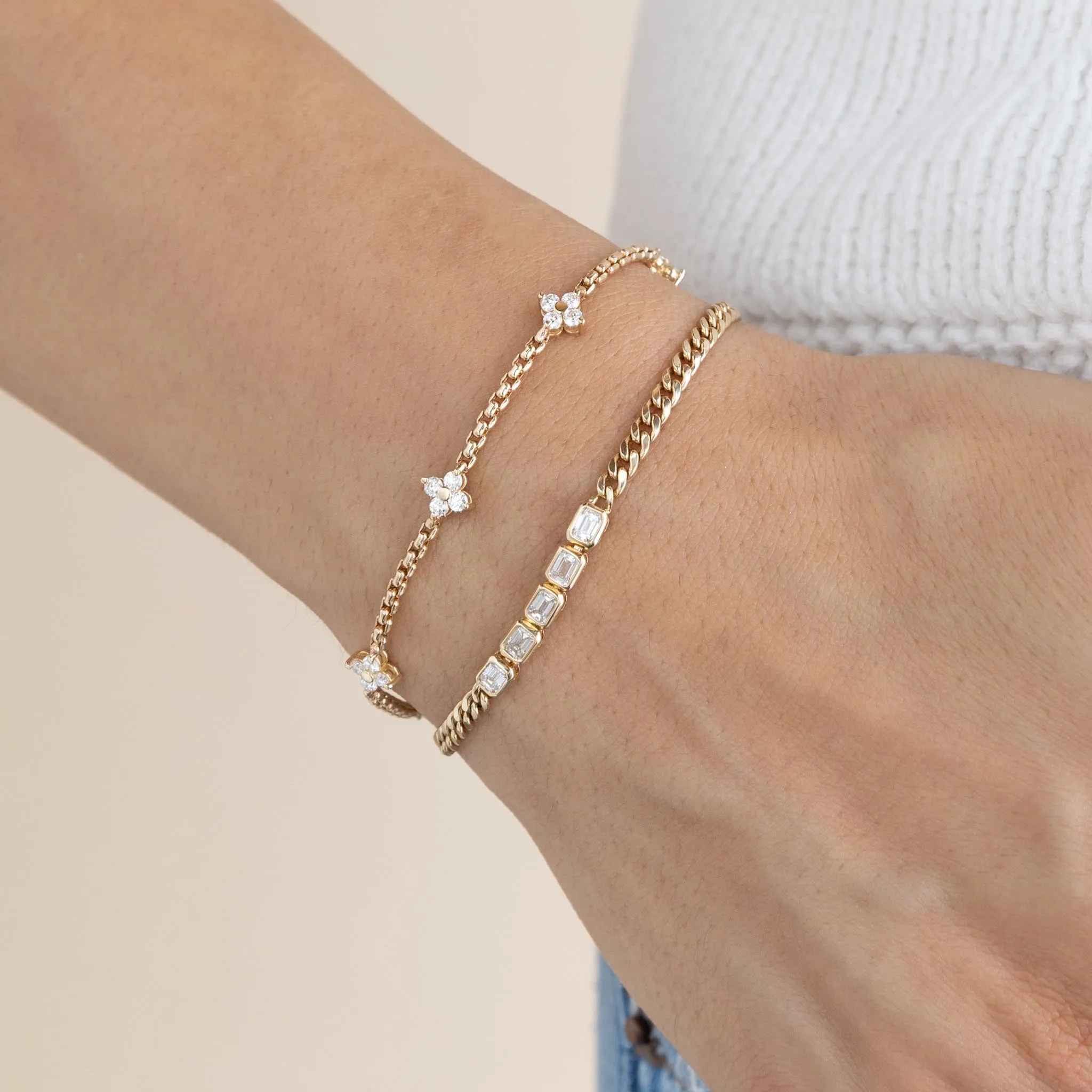 14k 5 Prong Diamond Quad Station Box Chain Bracelet