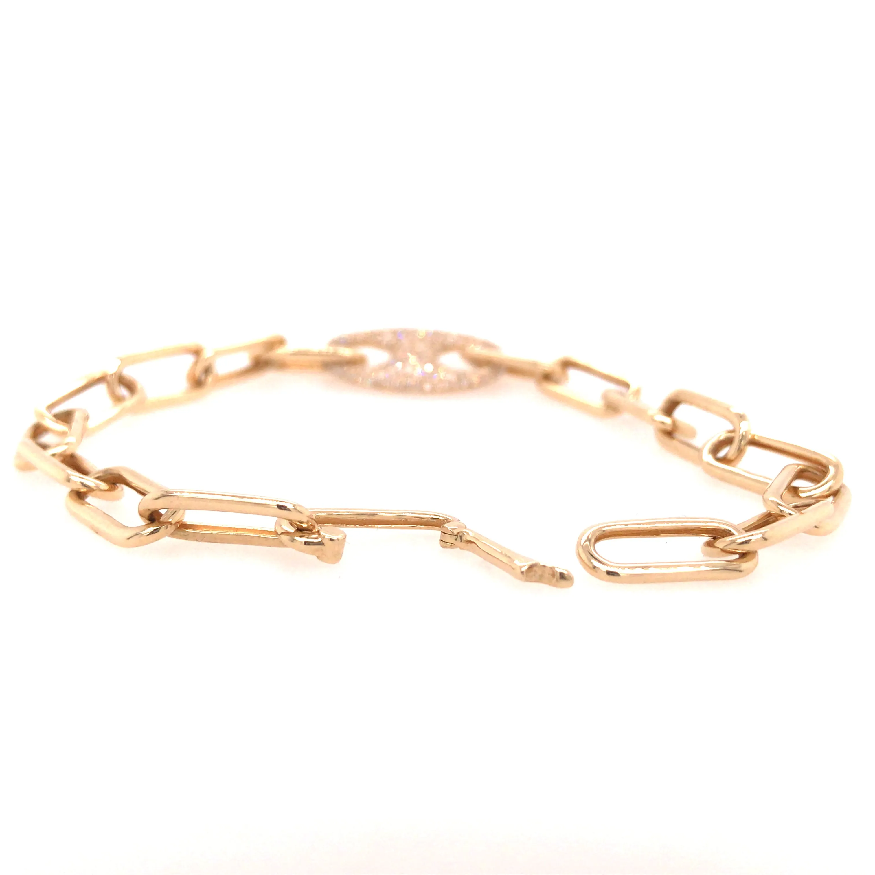 14K Diamond Oval Plate Paperclip Bracelet Yellow Gold
