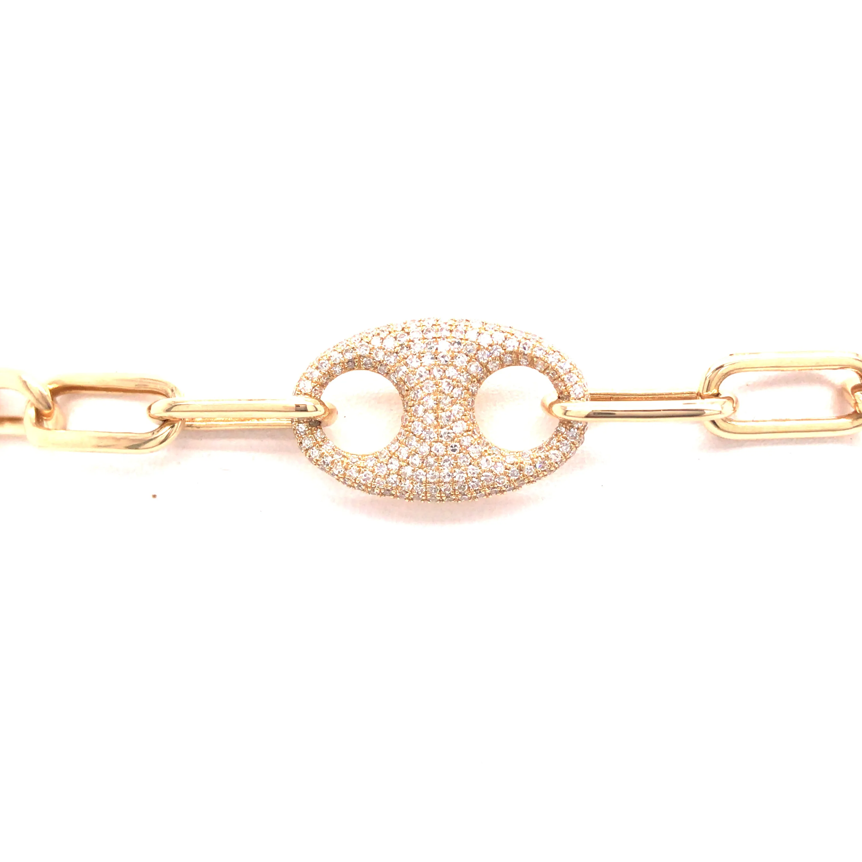 14K Diamond Oval Plate Paperclip Bracelet Yellow Gold