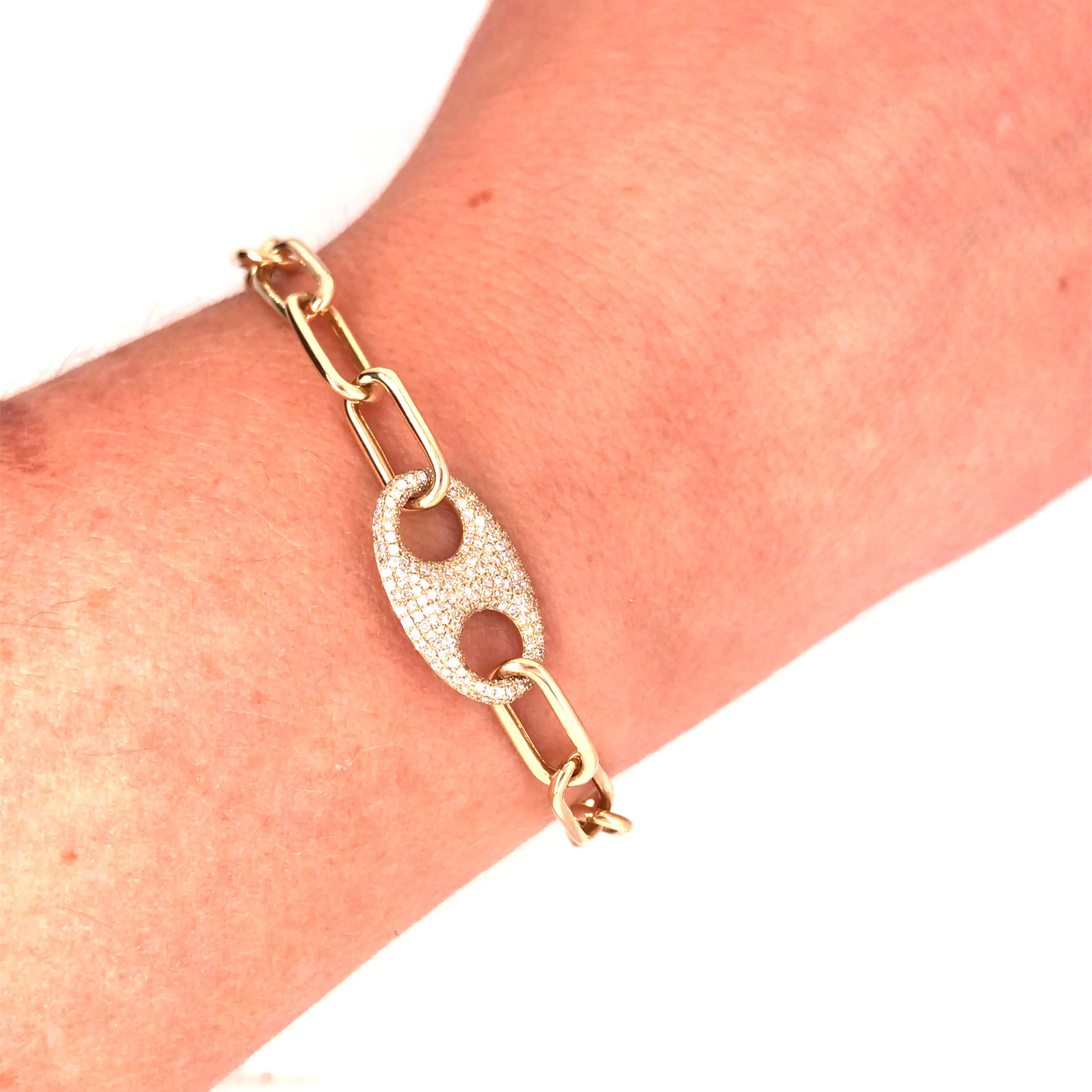 14K Diamond Oval Plate Paperclip Bracelet Yellow Gold