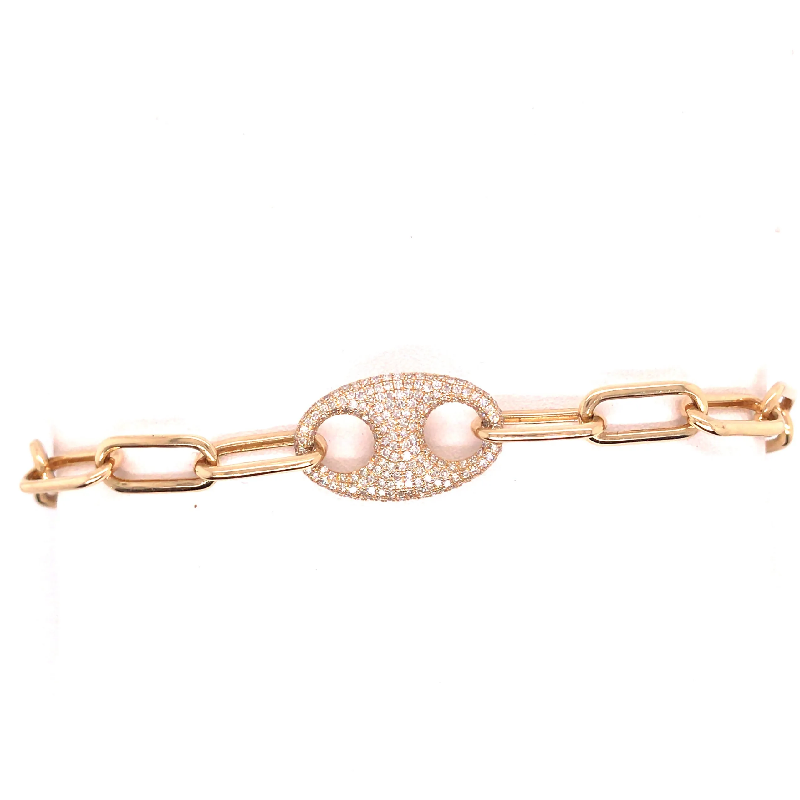 14K Diamond Oval Plate Paperclip Bracelet Yellow Gold