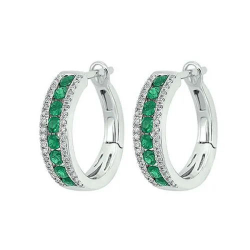 14k Emerald and Diamond 3 Row Fashion Hoop Earrings