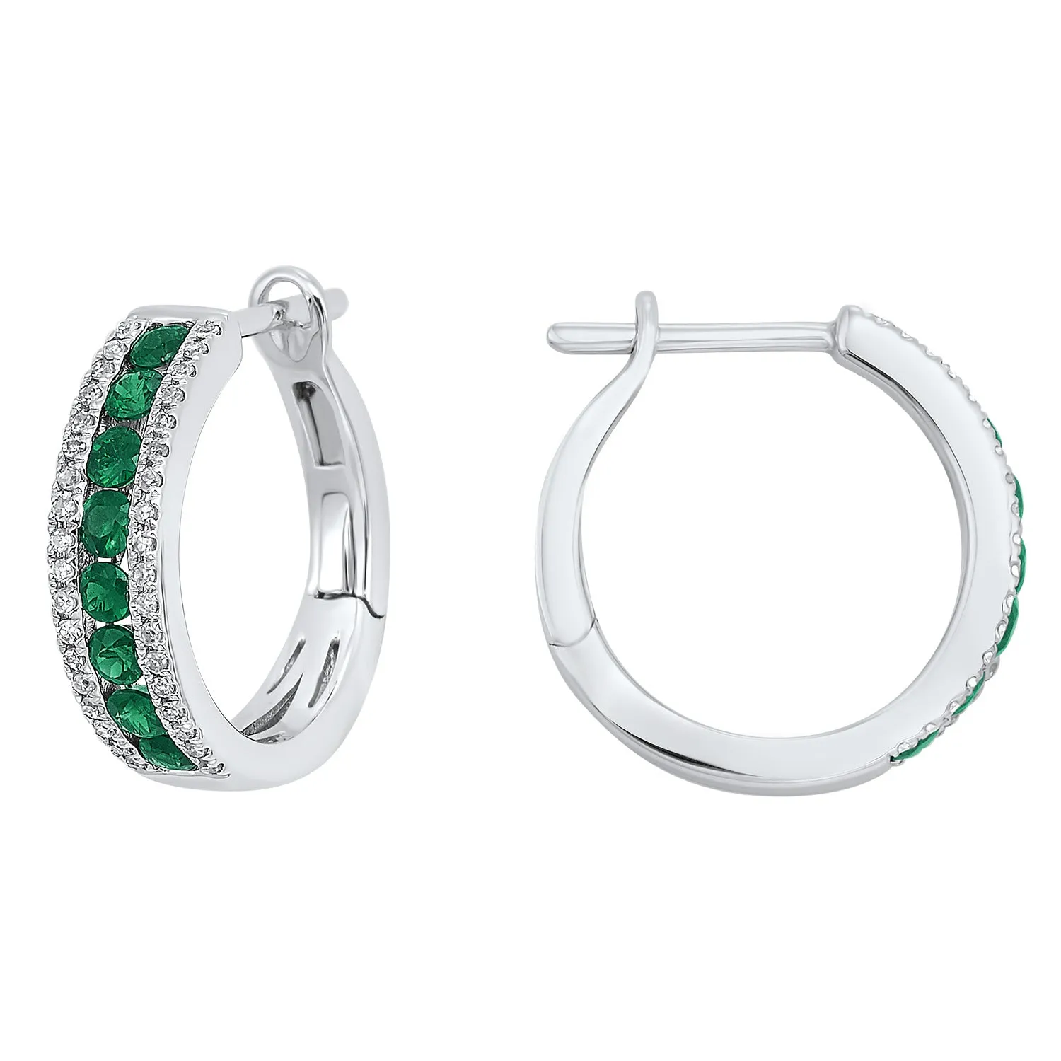 14k Emerald and Diamond 3 Row Fashion Hoop Earrings