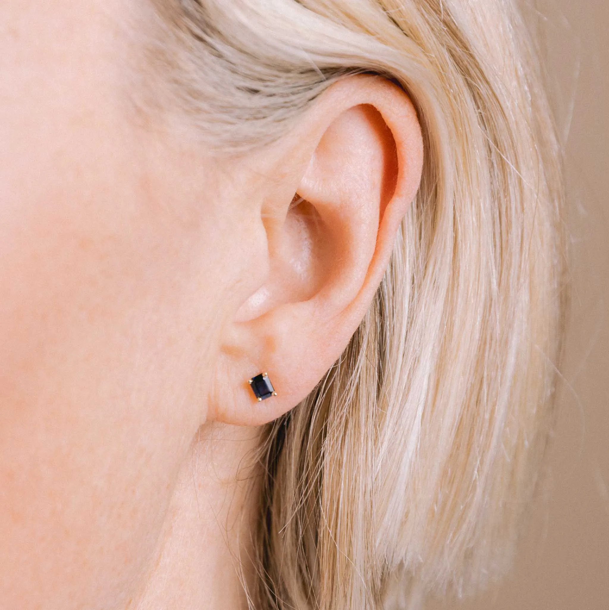 14k Emerald Cut Blue Sapphire Studs