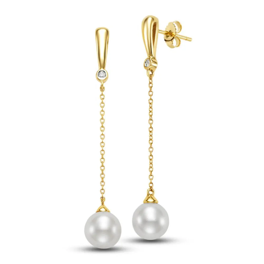14k Freshwater Pearl Diamond Bezel Drop Earrings