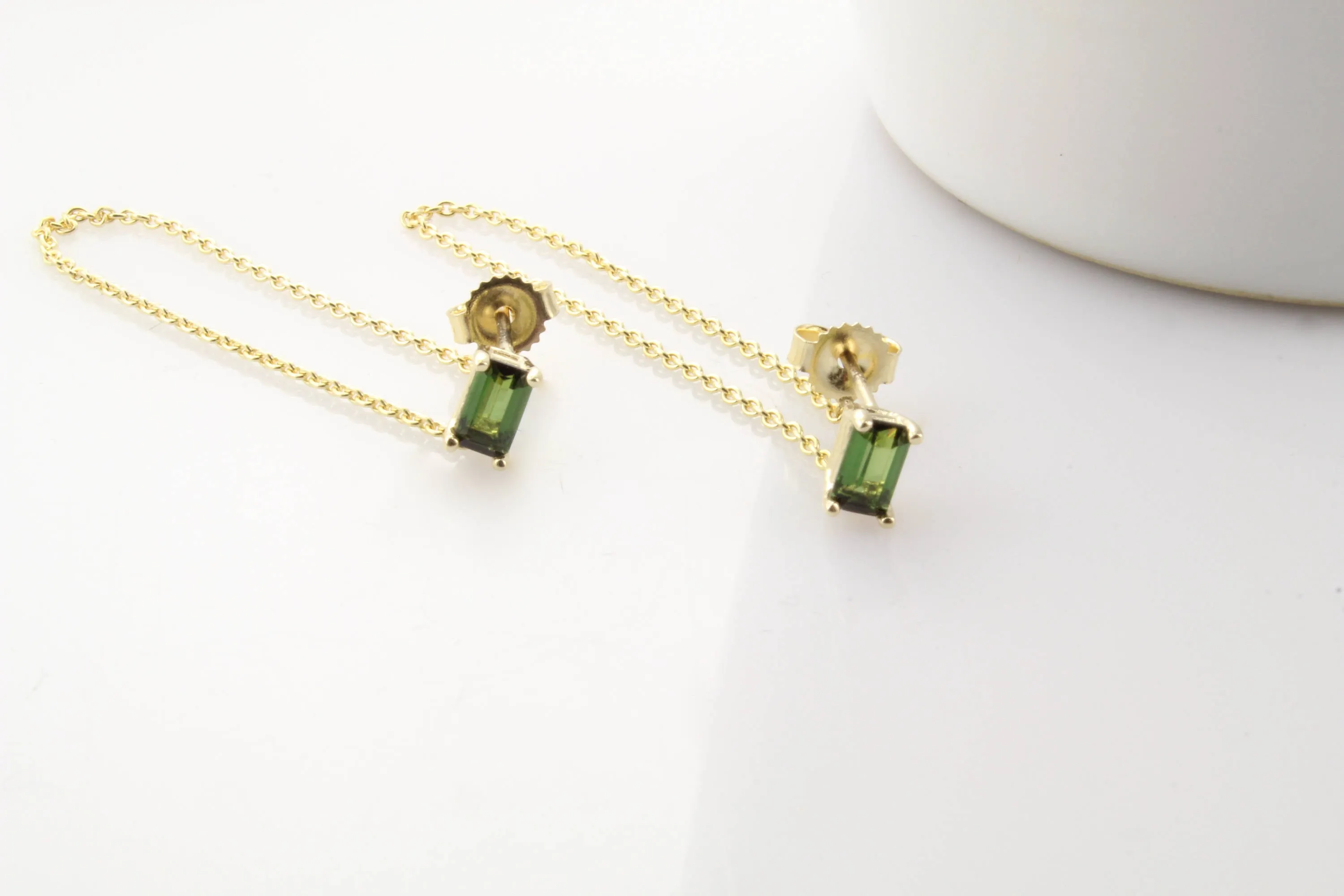 14K Gold Together Forever Emerald Cut Birthstone Chain Earrings