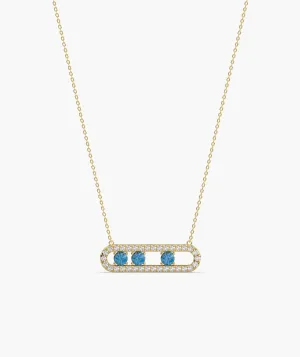 14K Gold Vertical Bar Necklace with Blue Accents