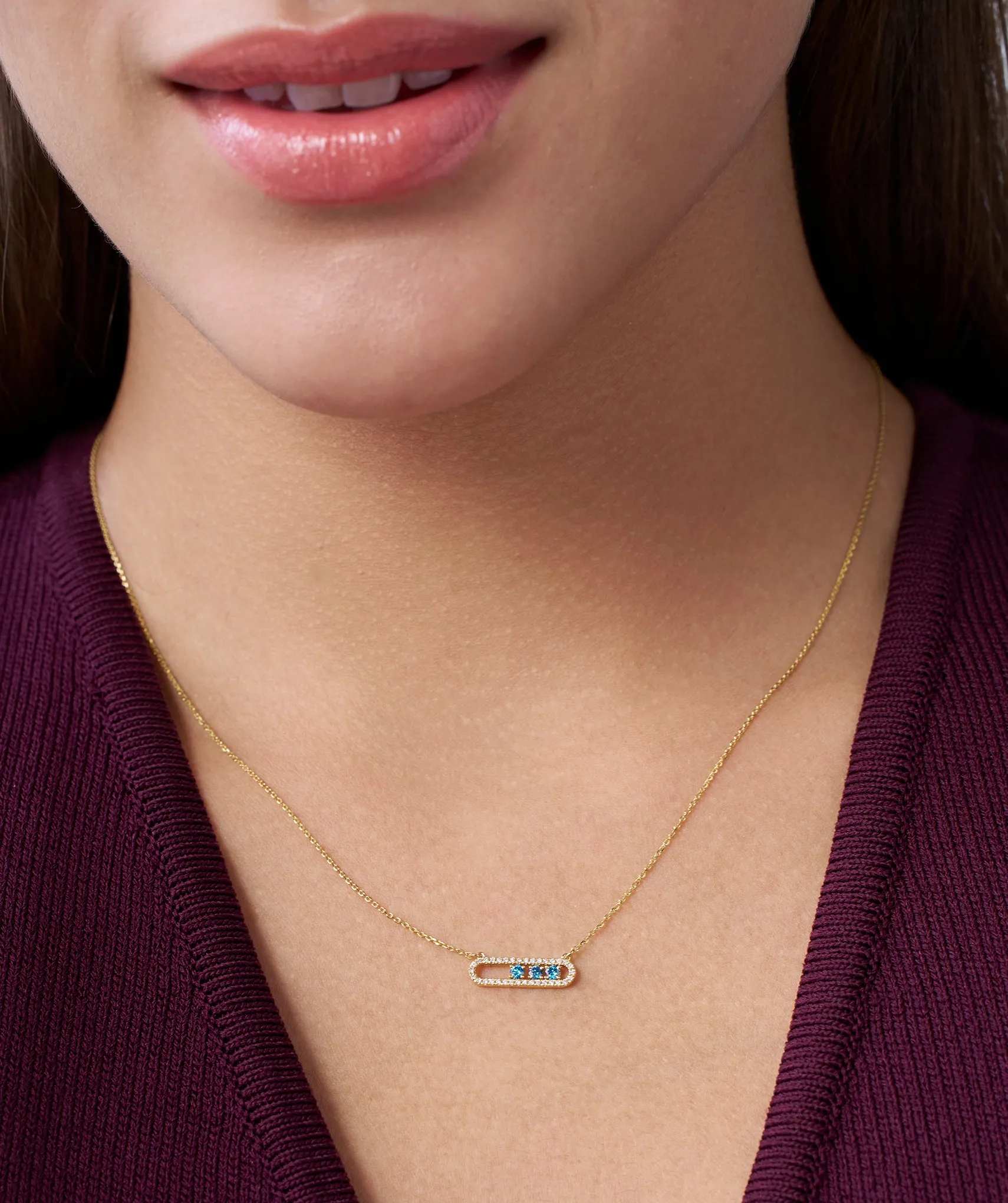 14K Gold Vertical Bar Necklace with Blue Accents