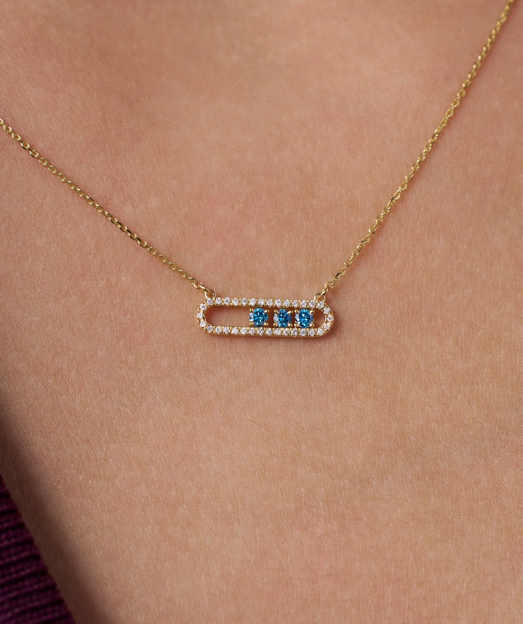 14K Gold Vertical Bar Necklace with Blue Accents